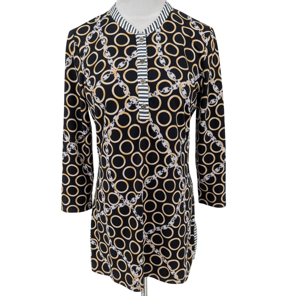 J.McLaughlin Catalina Cloth Tunic Top S Black Gold Chain Link 3/4 Sleeve Henley